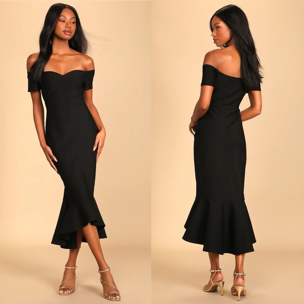 How Much I Care Black Off-the-Shoulder Midi Dress